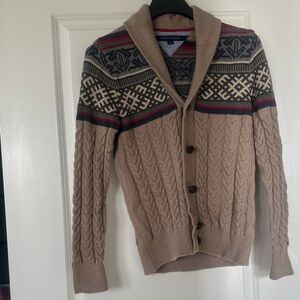 Tommy Hilfiger Tan Cardigan with Patterned Yoke